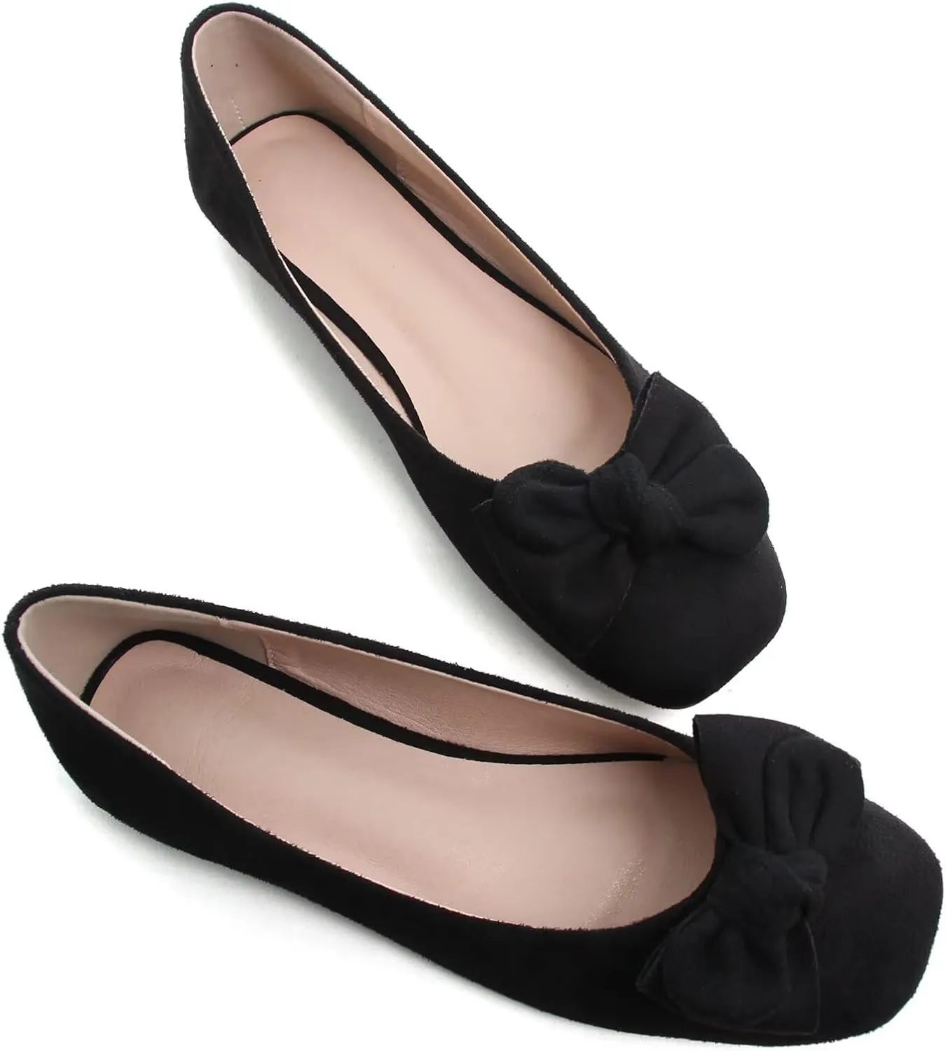 SAILING LU Cute Bow Black Ballet Flats Suede Dress Shoes for Women Comfortable Dressy Square Toe Walking Flats Shoes Slip Ons Business Casual