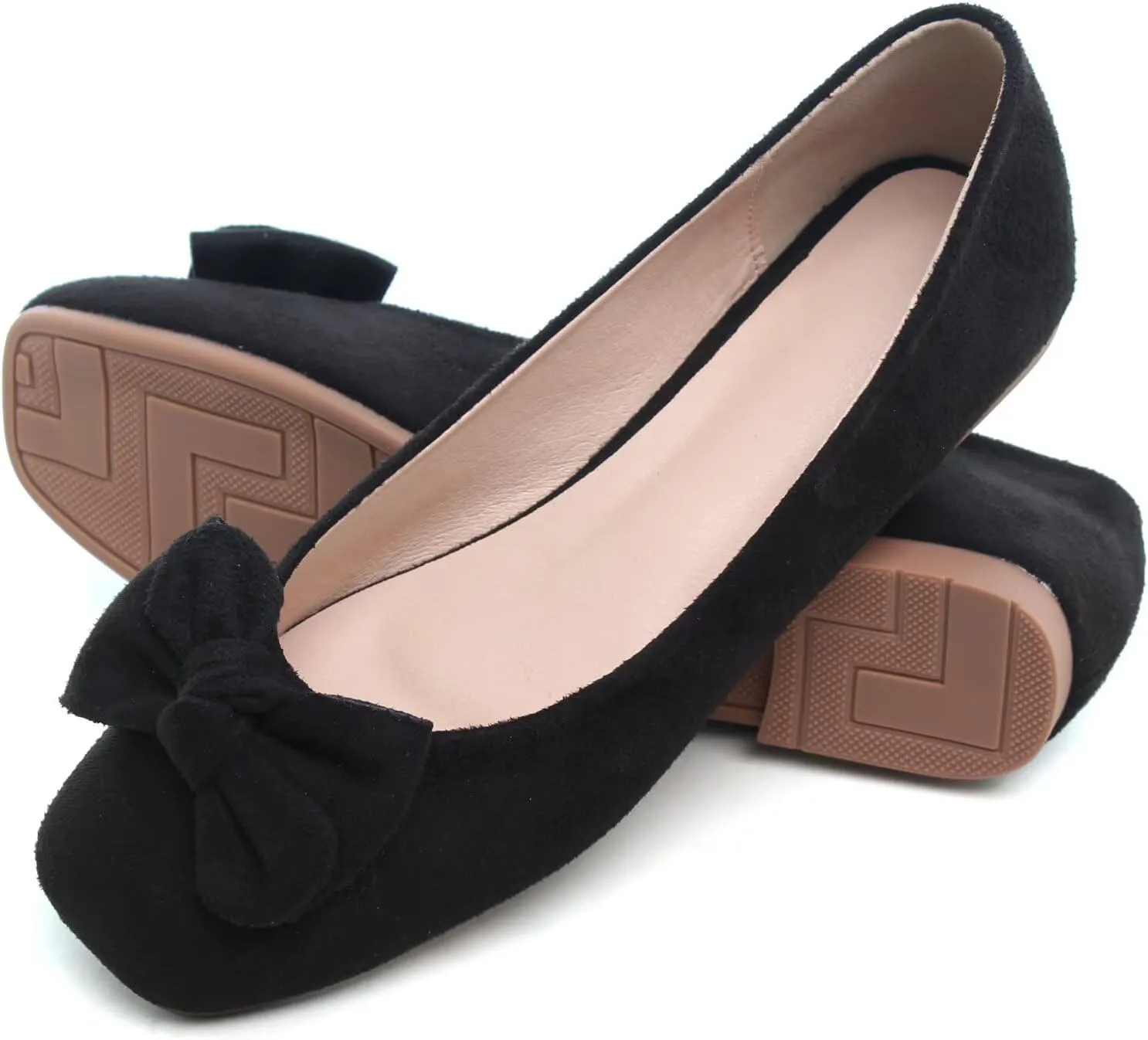 SAILING LU Cute Bow Black Ballet Flats Suede Dress Shoes for Women Comfortable Dressy Square Toe Walking Flats Shoes Slip Ons Business Casual