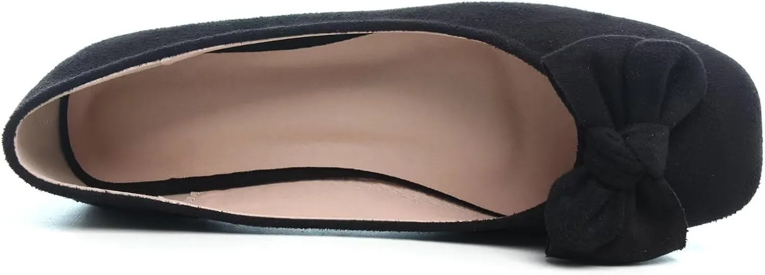 SAILING LU Cute Bow Black Ballet Flats Suede Dress Shoes for Women Comfortable Dressy Square Toe Walking Flats Shoes Slip Ons Business Casual