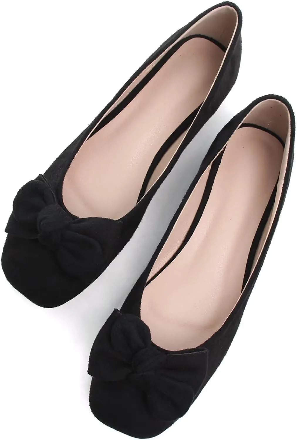 SAILING LU Cute Bow Black Ballet Flats Suede Dress Shoes for Women Comfortable Dressy Square Toe Walking Flats Shoes Slip Ons Business Casual
