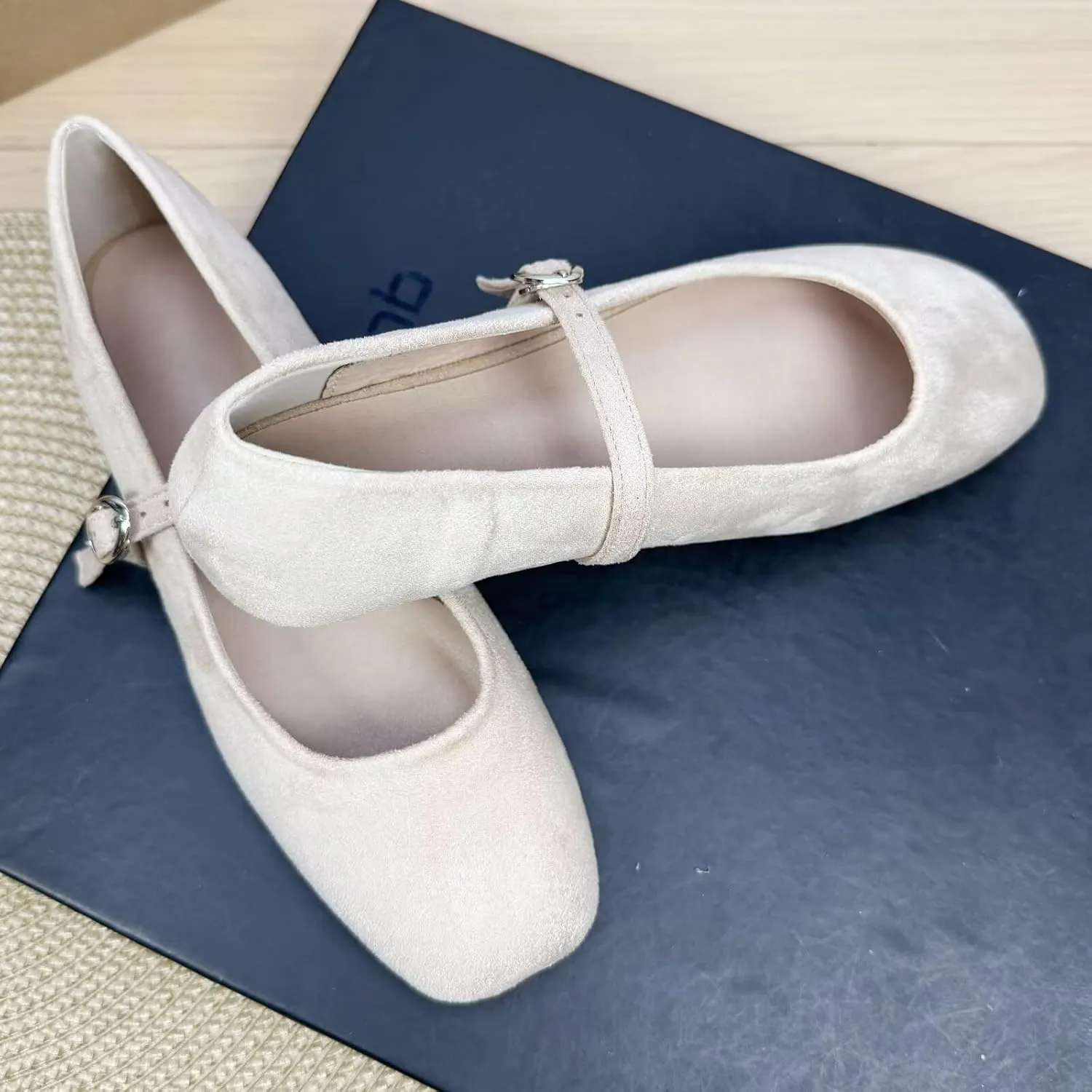SAILING LU Women's Mary Jane Ballet Flats Square Toe Flat Shoes Suede Dress Shoes Comfortable Wear to Work Slip On Moccasins