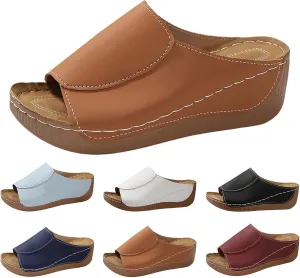 Sandals for Women 2025 Comfortable Arch Support Slides Summer Platform Wedge Sandals Solid Color Breathable Orthotic Leather Shoes Casual Slip on All Day Walking Sandal