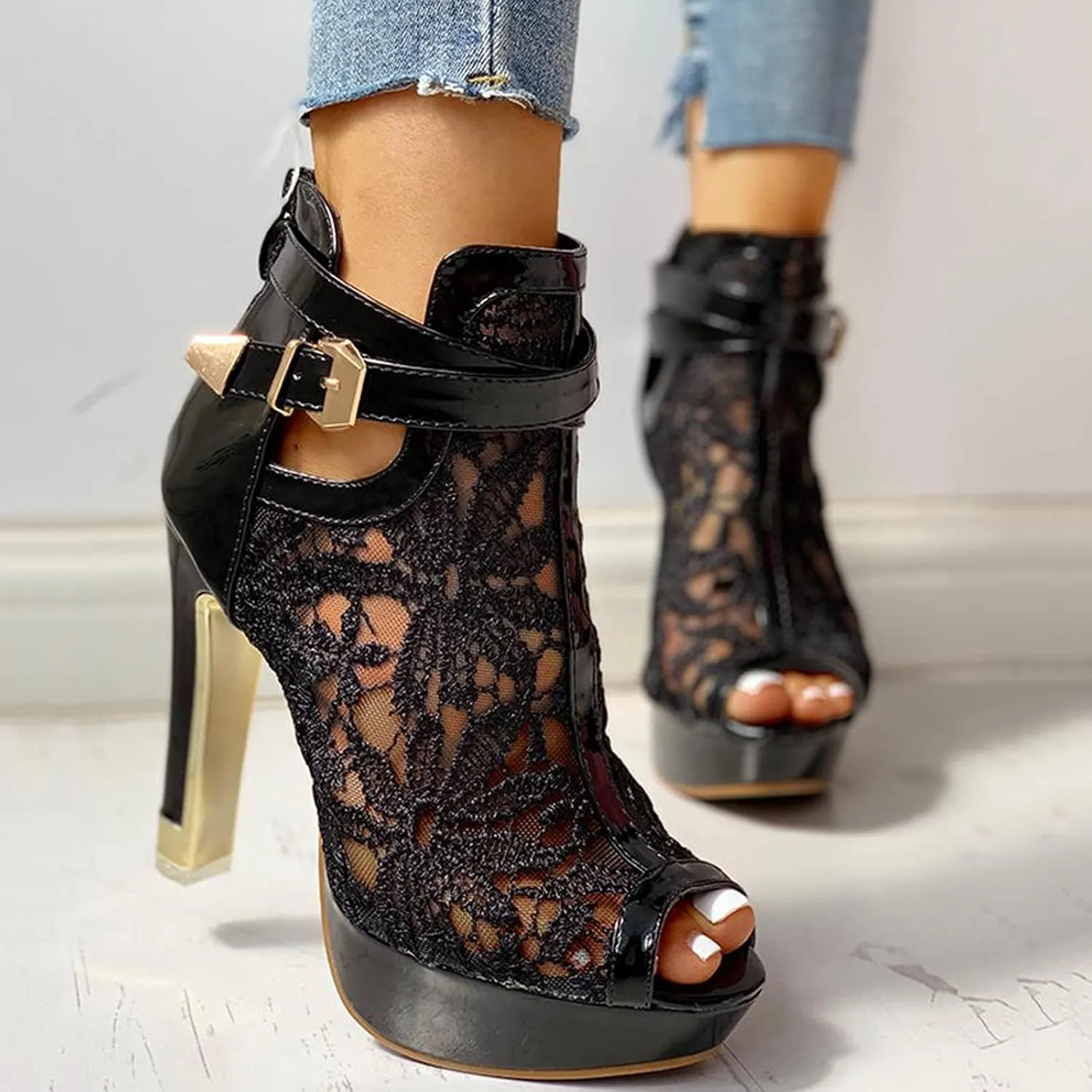 Sandals Mesh High Zip Ladies Sexy Up Shoes Lace Hollow Heel Floral Womens Casual Women's Tan Pumps for Women Sandal
