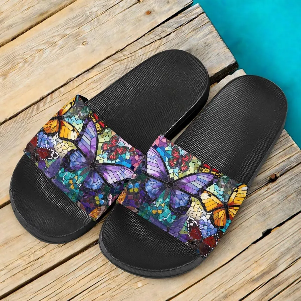 Sandals Women Comfortable Lightweight Summer Sandals Non Slip Slides Butterfly Print Beach Hotel Indoor Outdoor