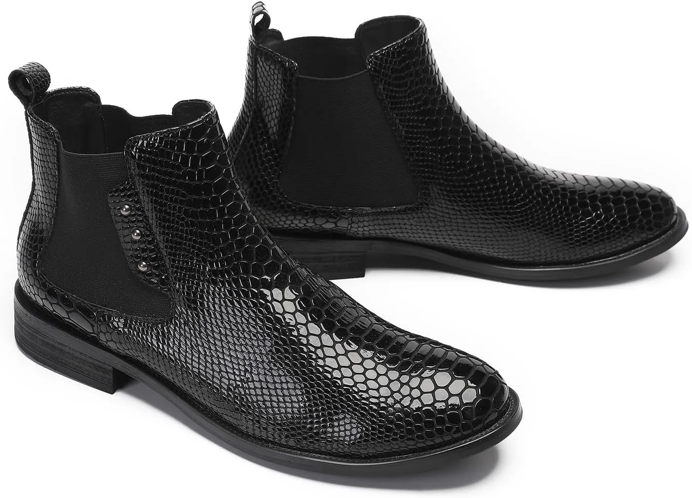 Santimon Mens Chelsea Boots Casual Dress Party Snakeskin Pattern Western Ankle Boots Genuine Leather Wedding Prom Zipper Beads Cowboy Tuxedo Chukka Boots