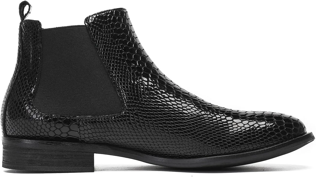 Santimon Mens Chelsea Boots Casual Dress Party Snakeskin Pattern Western Ankle Boots Genuine Leather Wedding Prom Zipper Beads Cowboy Tuxedo Chukka Boots