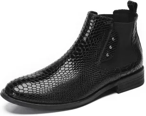 Santimon Mens Chelsea Boots Casual Dress Party Snakeskin Pattern Western Ankle Boots Genuine Leather Wedding Prom Zipper Beads Cowboy Tuxedo Chukka Boots