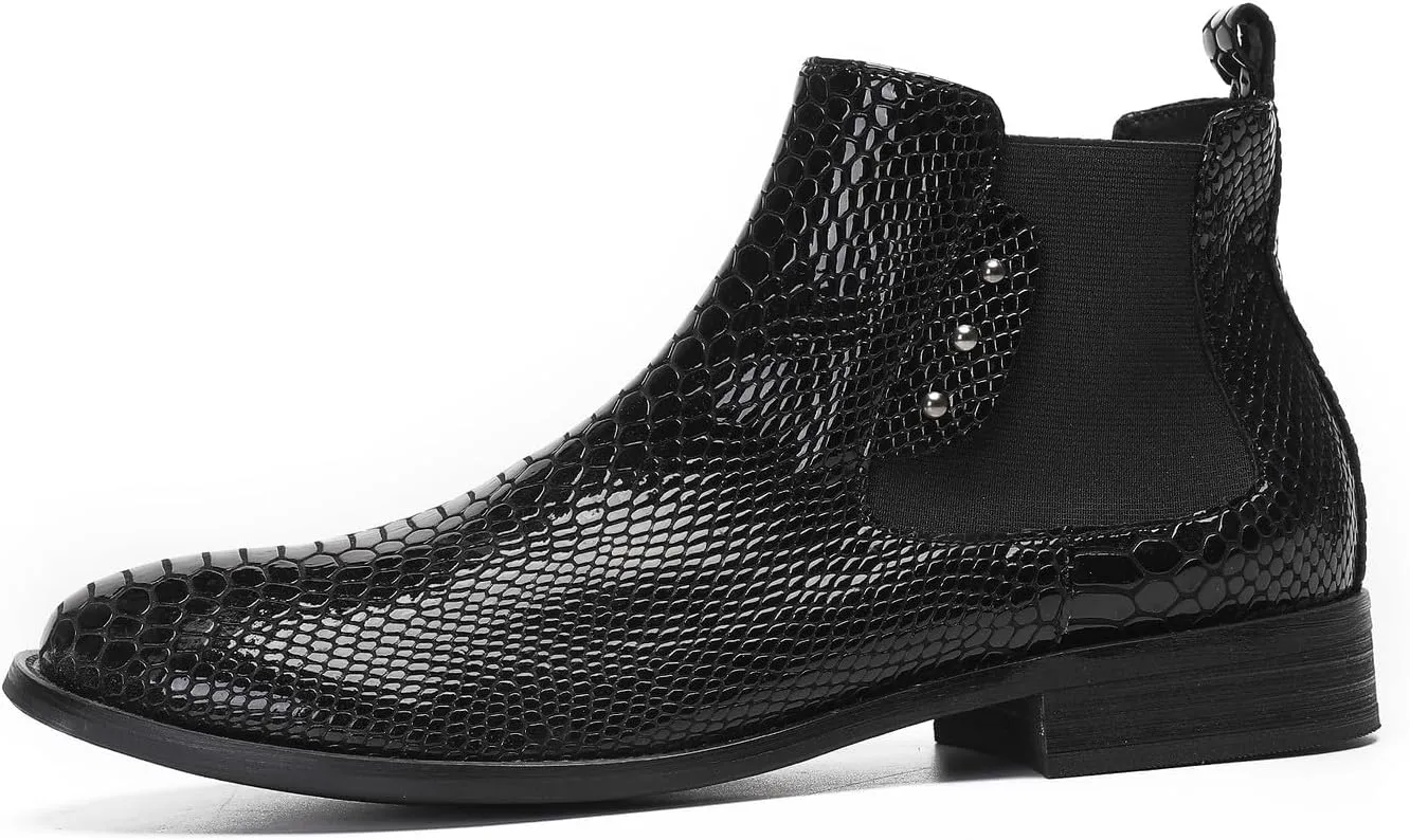 Santimon Mens Chelsea Boots Casual Dress Party Snakeskin Pattern Western Ankle Boots Genuine Leather Wedding Prom Zipper Beads Cowboy Tuxedo Chukka Boots