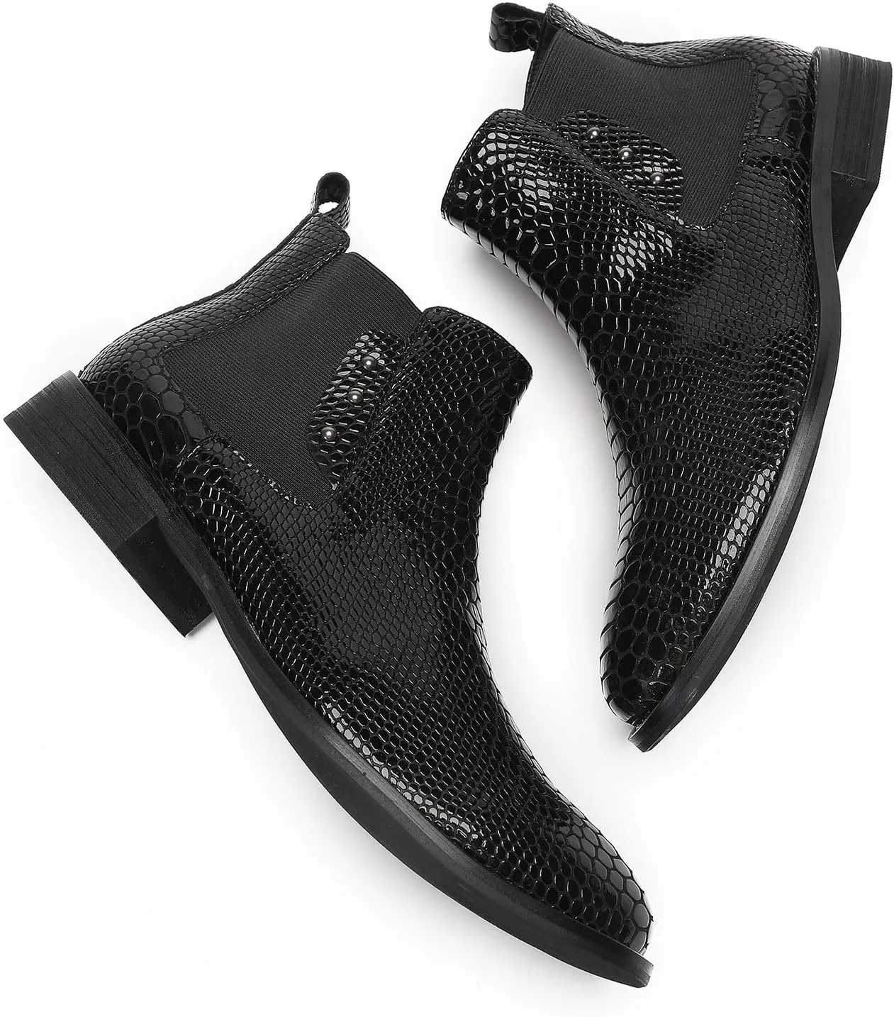 Santimon Mens Chelsea Boots Casual Dress Party Snakeskin Pattern Western Ankle Boots Genuine Leather Wedding Prom Zipper Beads Cowboy Tuxedo Chukka Boots