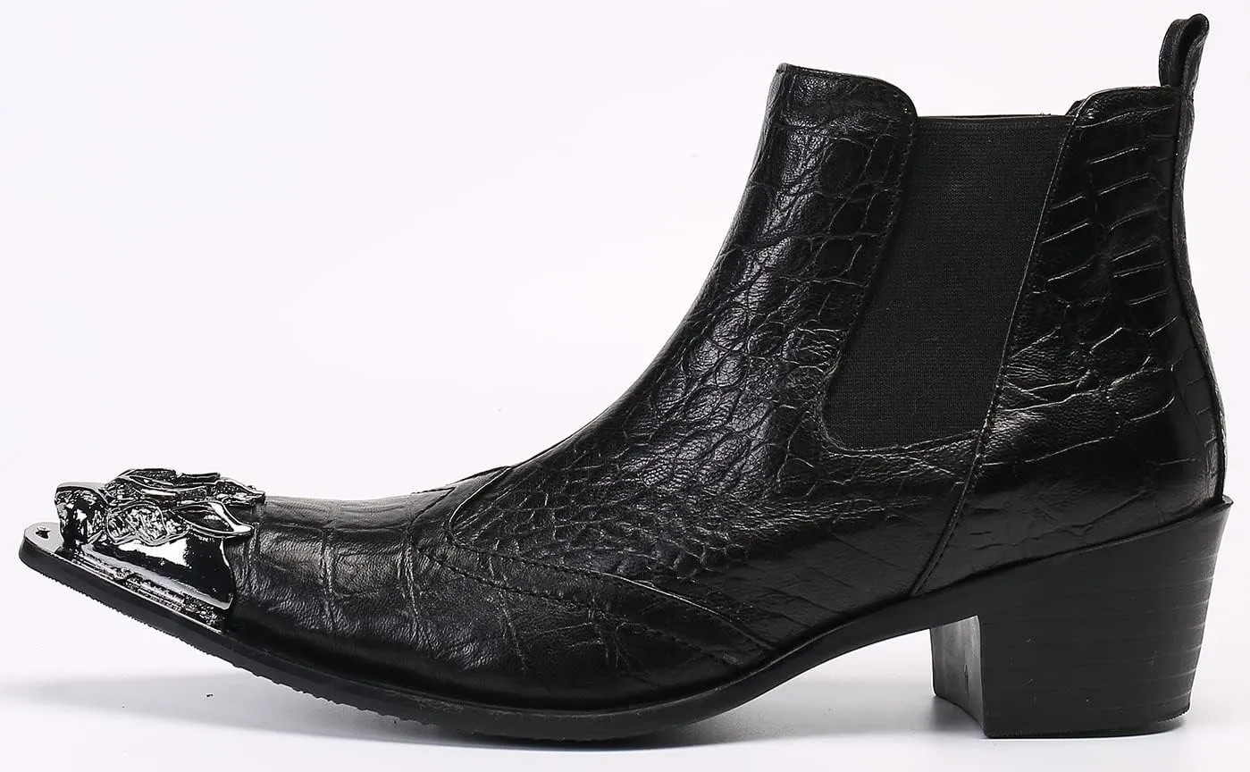 Santimon Men's Genuine Leather Western Chelsea Boots - Wingtip Toe Caps & Side Zipper Dress-Casual Ankle Boots - Rugged-Elegant for Honky-Tonk Bars, Neon Disco & Ballroom Dance