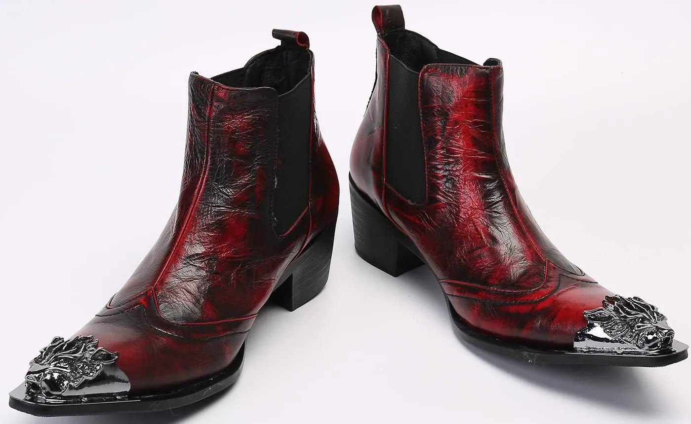 Santimon Men's Genuine Leather Western Chelsea Boots - Wingtip Toe Caps & Side Zipper Dress-Casual Ankle Boots - Rugged-Elegant for Honky-Tonk Bars, Neon Disco & Ballroom Dance