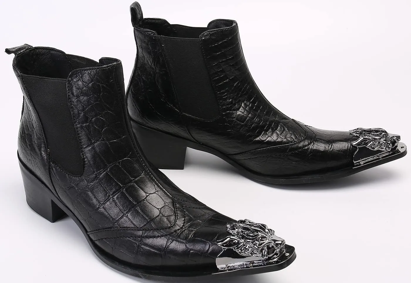 Santimon Men's Genuine Leather Western Chelsea Boots - Wingtip Toe Caps & Side Zipper Dress-Casual Ankle Boots - Rugged-Elegant for Honky-Tonk Bars, Neon Disco & Ballroom Dance