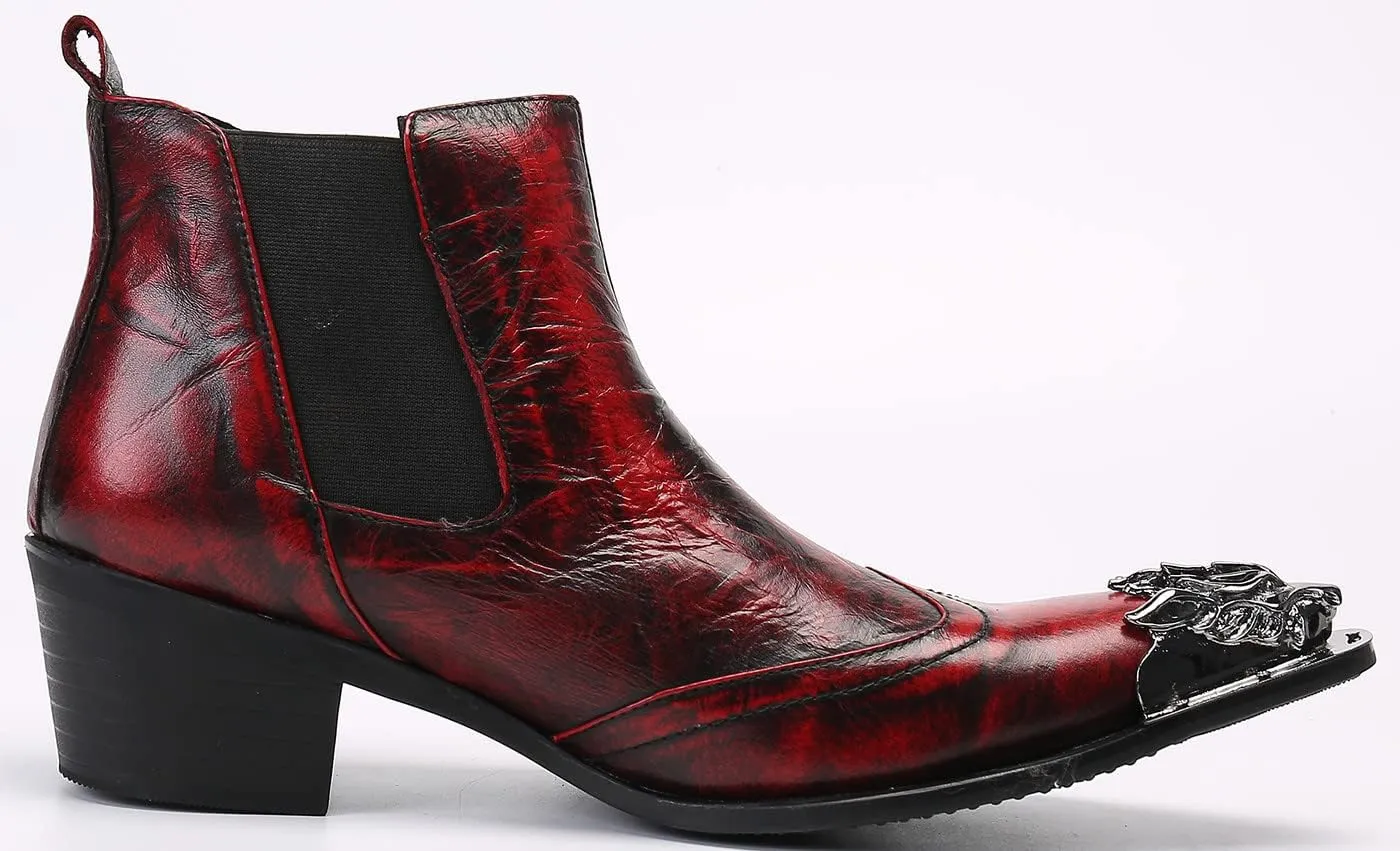 Santimon Men's Genuine Leather Western Chelsea Boots - Wingtip Toe Caps & Side Zipper Dress-Casual Ankle Boots - Rugged-Elegant for Honky-Tonk Bars, Neon Disco & Ballroom Dance