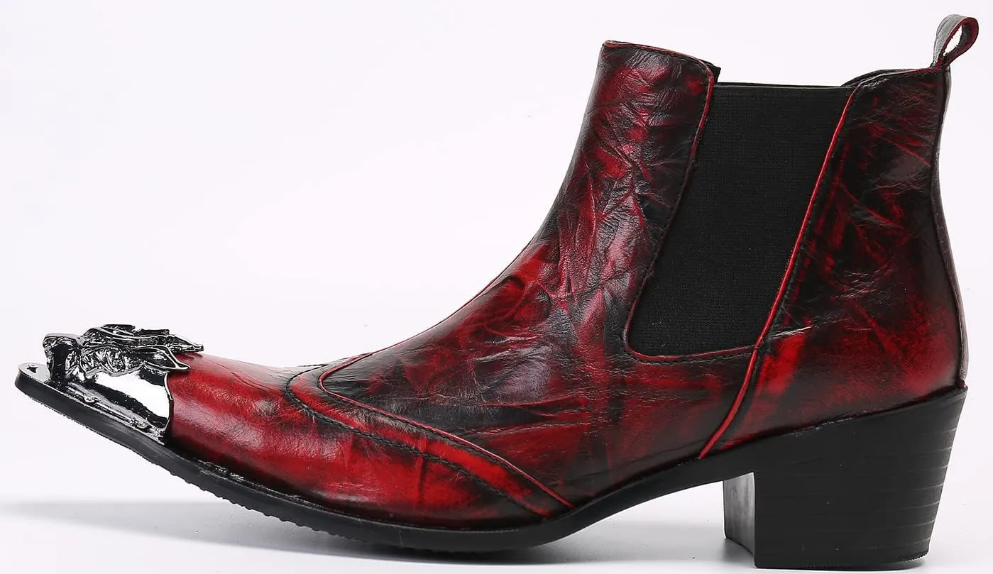 Santimon Men's Genuine Leather Western Chelsea Boots - Wingtip Toe Caps & Side Zipper Dress-Casual Ankle Boots - Rugged-Elegant for Honky-Tonk Bars, Neon Disco & Ballroom Dance