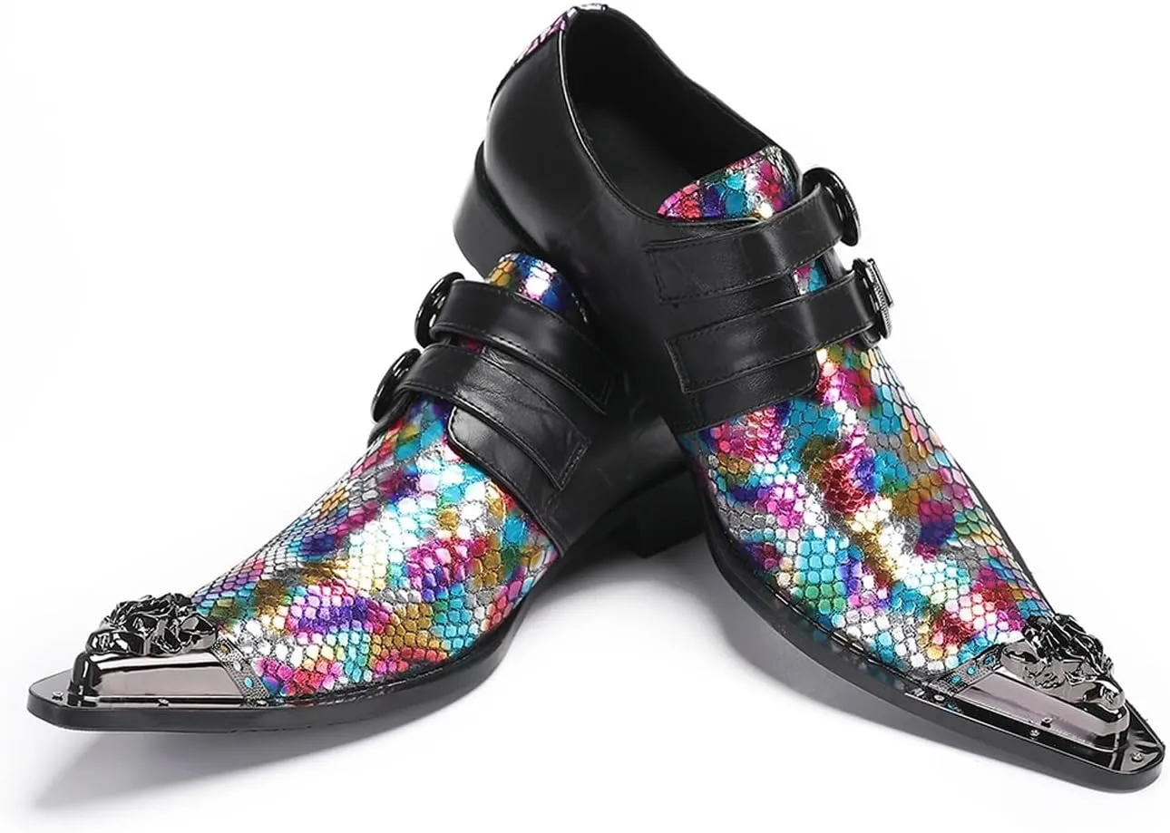 Santimon Men's Metal Tip Toe Loafers-Stylish Mens Dress Slip-Ons for Wedding, Party, Prom-Leather Casual Shoes with Double Buckle and Floral