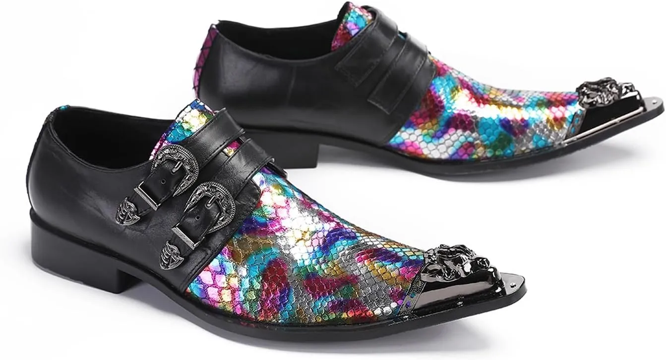 Santimon Men's Metal Tip Toe Loafers-Stylish Mens Dress Slip-Ons for Wedding, Party, Prom-Leather Casual Shoes with Double Buckle and Floral