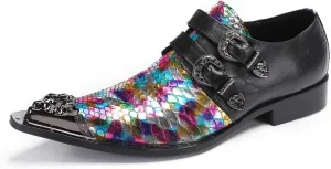 Santimon Men's Metal Tip Toe Loafers-Stylish Mens Dress Slip-Ons for Wedding, Party, Prom-Leather Casual Shoes with Double Buckle and Floral