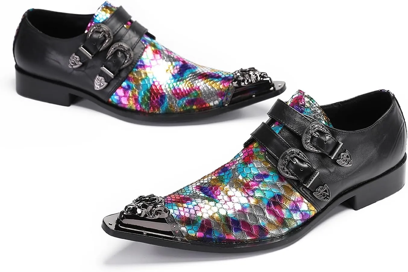 Santimon Men's Metal Tip Toe Loafers-Stylish Mens Dress Slip-Ons for Wedding, Party, Prom-Leather Casual Shoes with Double Buckle and Floral
