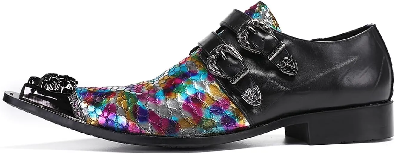 Santimon Men's Metal Tip Toe Loafers-Stylish Mens Dress Slip-Ons for Wedding, Party, Prom-Leather Casual Shoes with Double Buckle and Floral