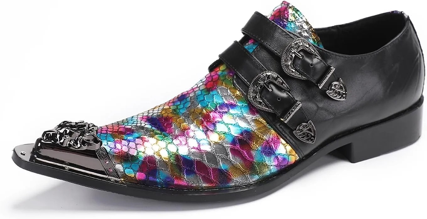Santimon Men's Metal Tip Toe Loafers-Stylish Mens Dress Slip-Ons for Wedding, Party, Prom-Leather Casual Shoes with Double Buckle and Floral