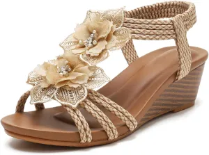 Saralris Wedge Sandals for Women Cutout Peep Toe Mid Heel Rhinestones Fashion Breathable Beach Sandals