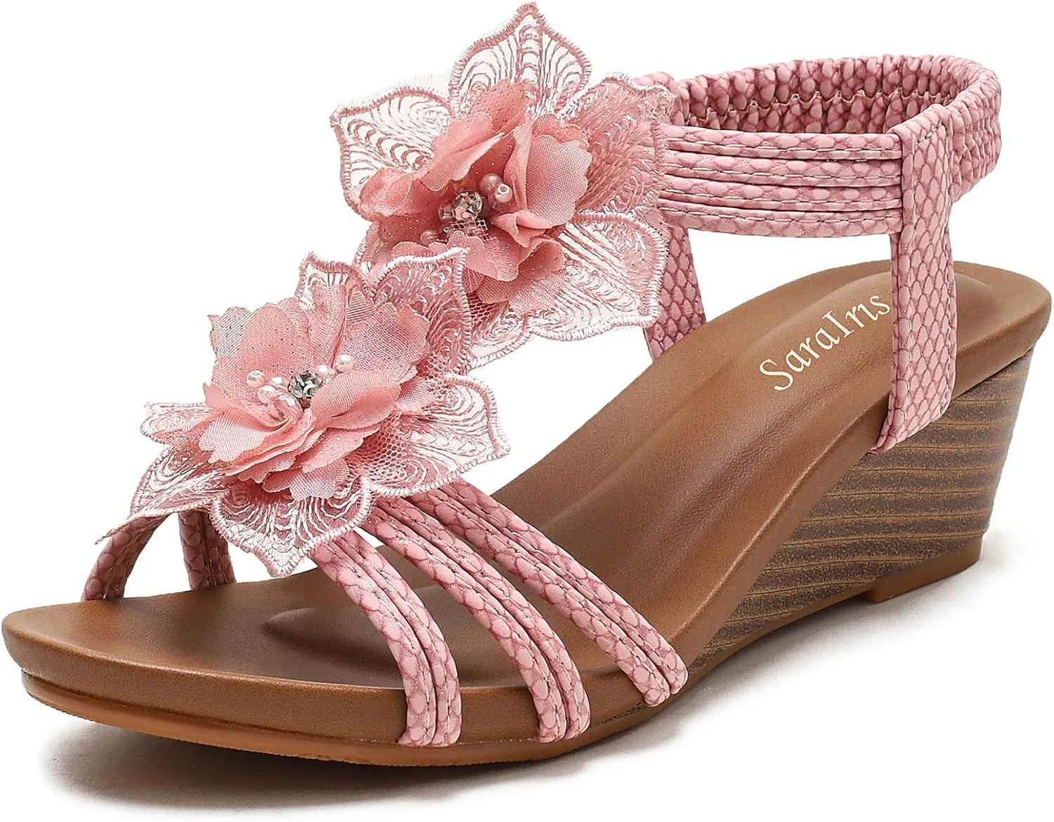 Saralris Wedge Sandals for Women Cutout Peep Toe Mid Heel Rhinestones Fashion Breathable Beach Sandals