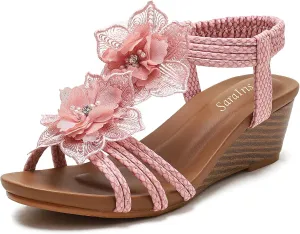 Saralris Wedge Sandals for Women Cutout Peep Toe Mid Heel Rhinestones Fashion Breathable Beach Sandals