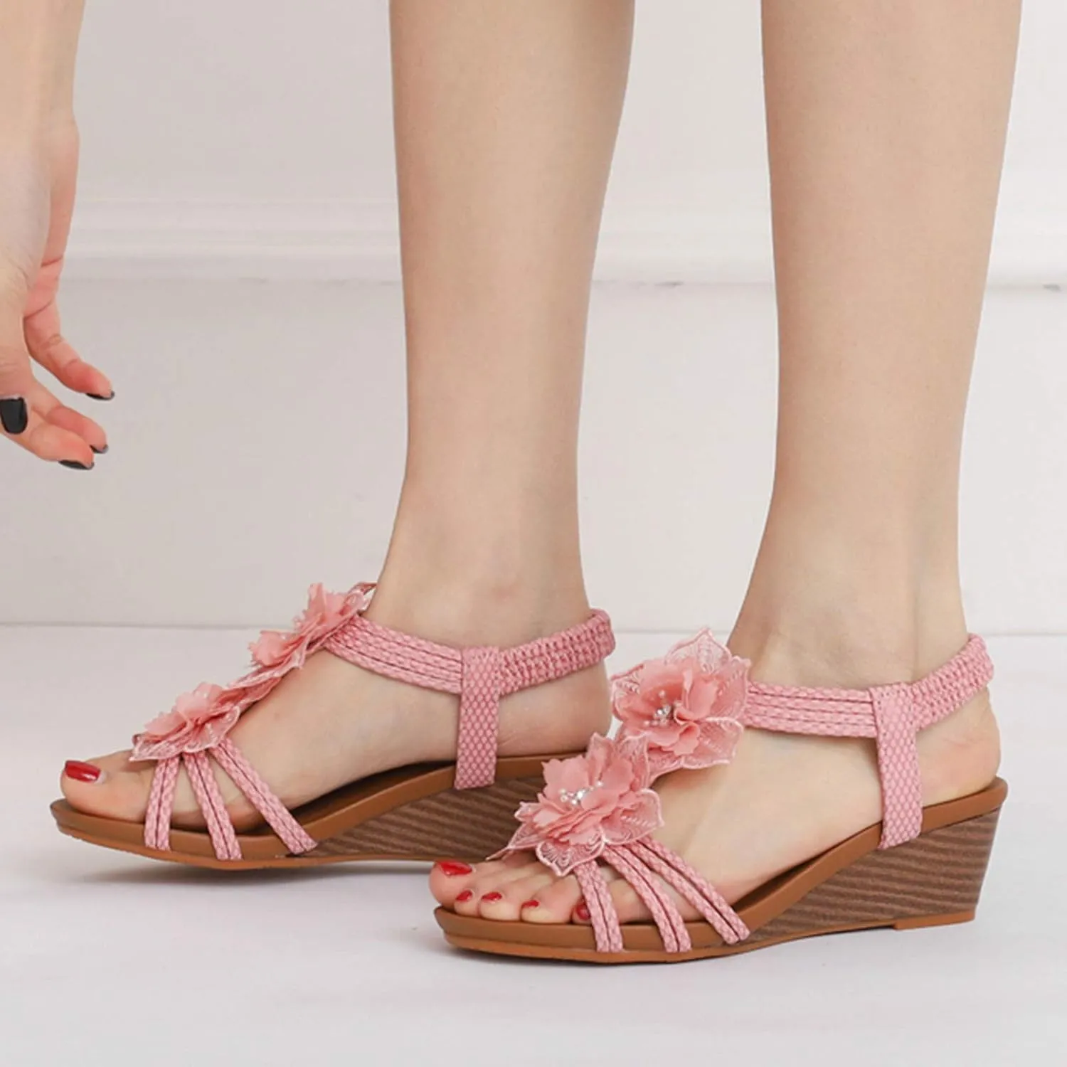 Saralris Wedge Sandals for Women Cutout Peep Toe Mid Heel Rhinestones Fashion Breathable Beach Sandals