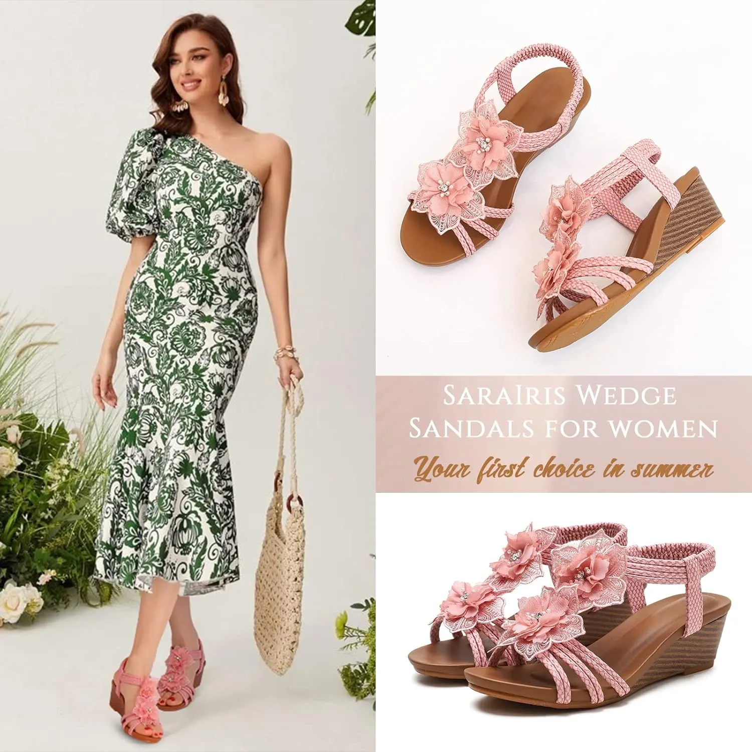 Saralris Wedge Sandals for Women Cutout Peep Toe Mid Heel Rhinestones Fashion Breathable Beach Sandals