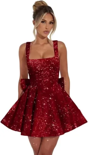 Sequin Homecoming Dresses for Teens 2025 - Short HOCO Dress with Bow Cocktail Party Gown Above Knee