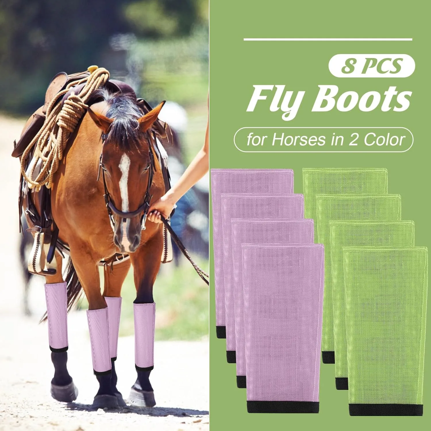 Set of 8 Mesh Fly Boots for Horse Breathable Mesh Horse Boots Protective Loose Wraps Adjustable for Preventing Legs Reduces Flies and Mosquitoes Bites(Green, Purple)