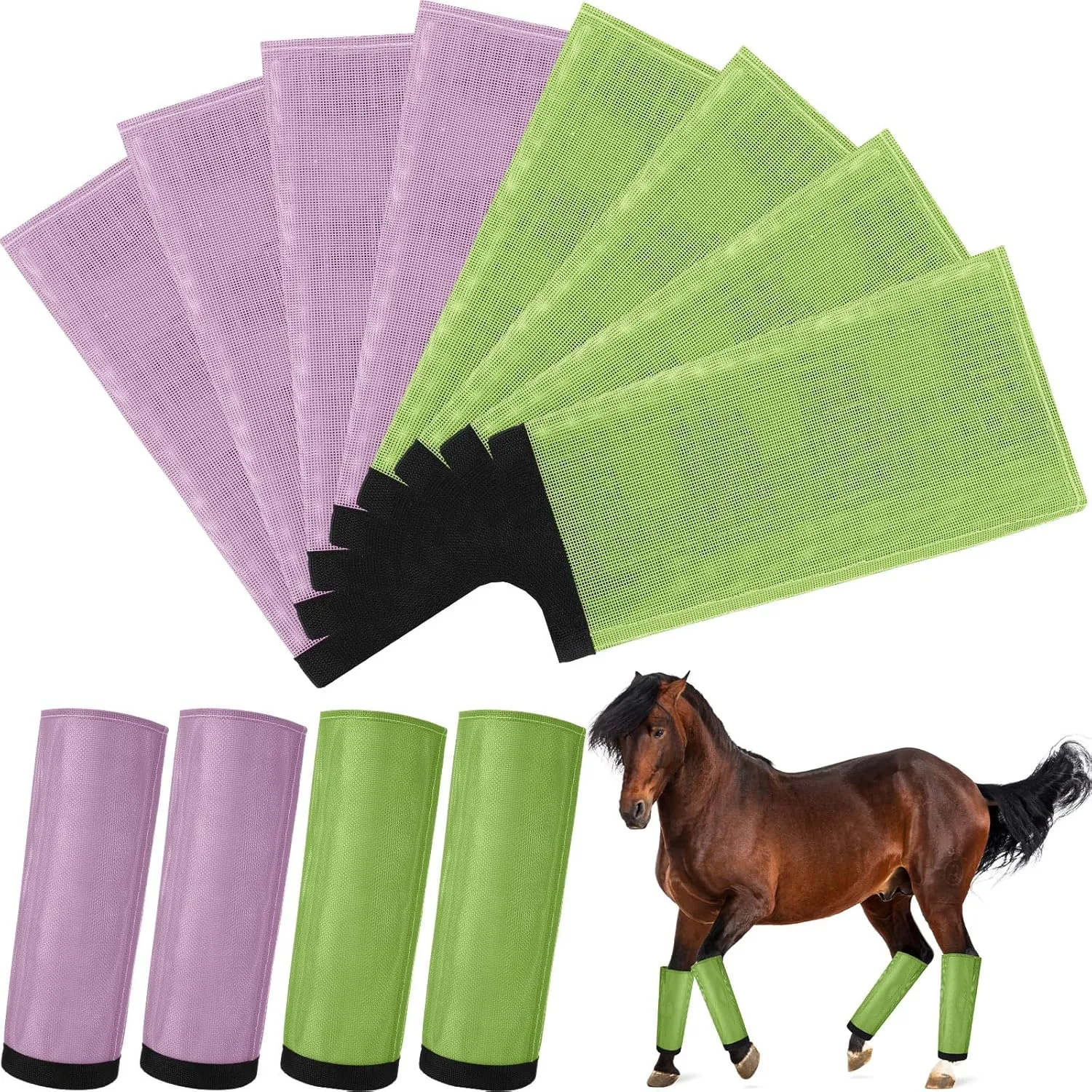 Set of 8 Mesh Fly Boots for Horse Breathable Mesh Horse Boots Protective Loose Wraps Adjustable for Preventing Legs Reduces Flies and Mosquitoes Bites(Green, Purple)