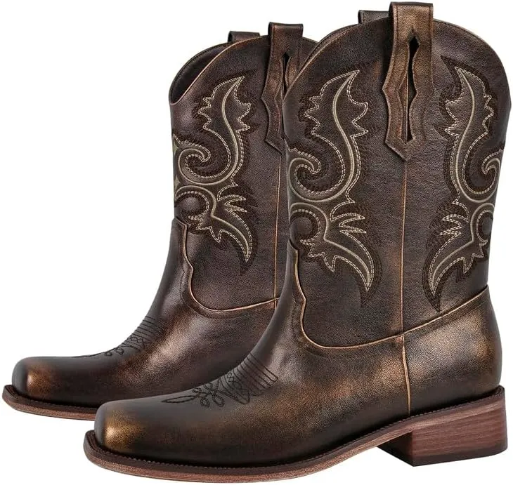 sexytag Cowboy Boots for Men Square Toe Embroidered Western Short Ankle Booties