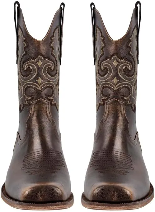 sexytag Cowboy Boots for Men Square Toe Embroidered Western Short Ankle Booties