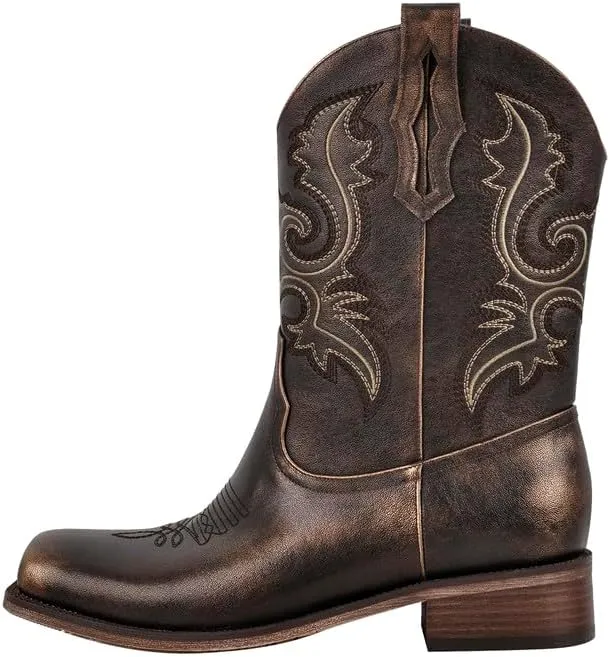 sexytag Cowboy Boots for Men Square Toe Embroidered Western Short Ankle Booties