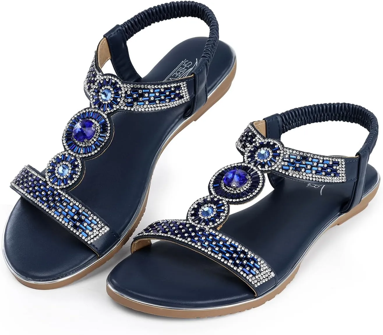SHIBEVER Sandals Women Dressy Summer: Comfortable Rhinestones Bling Flats Ankle Strap Sandals
