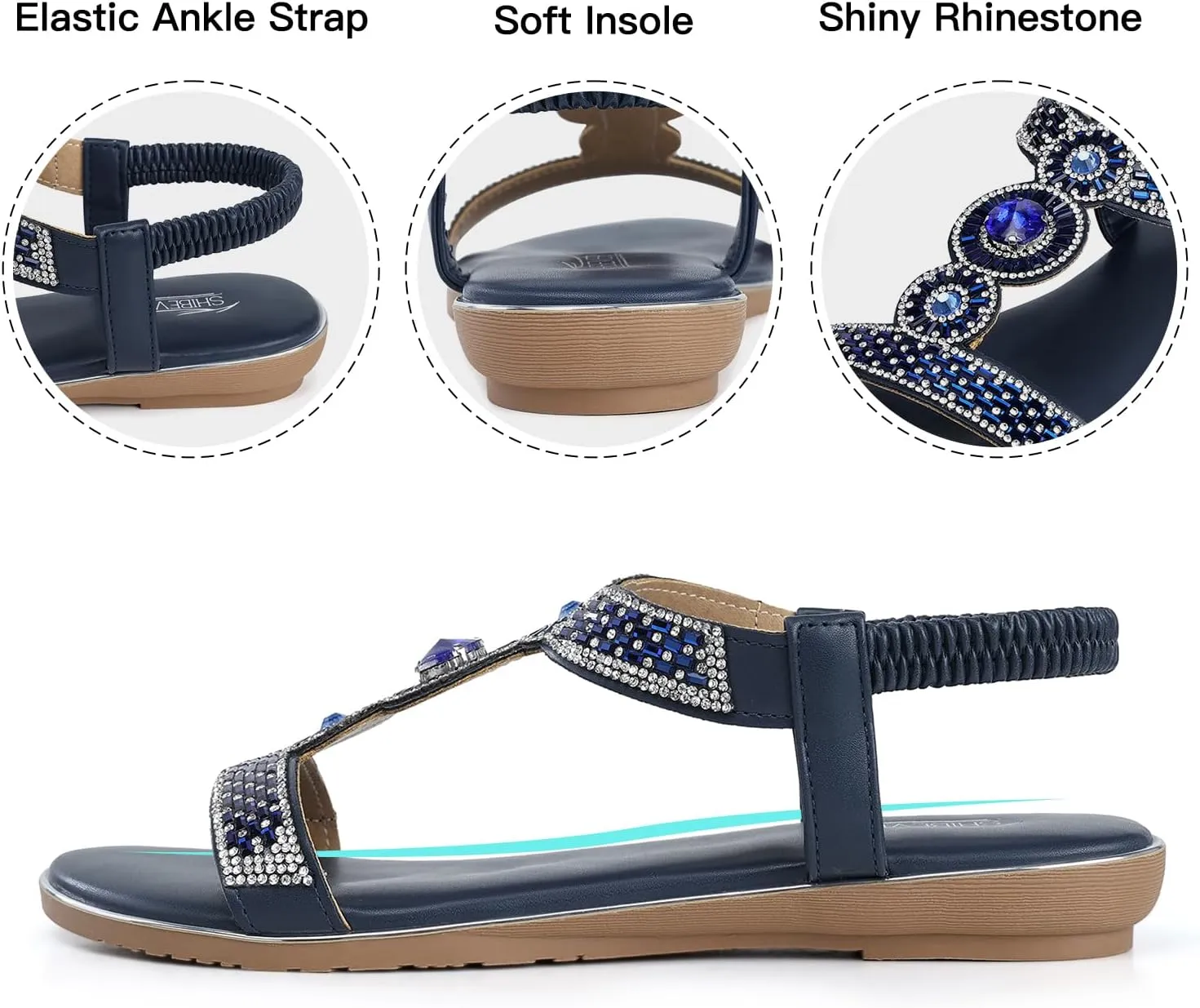 SHIBEVER Sandals Women Dressy Summer: Comfortable Rhinestones Bling Flats Ankle Strap Sandals