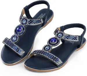 SHIBEVER Sandals Women Dressy Summer: Comfortable Rhinestones Bling Flats Ankle Strap Sandals