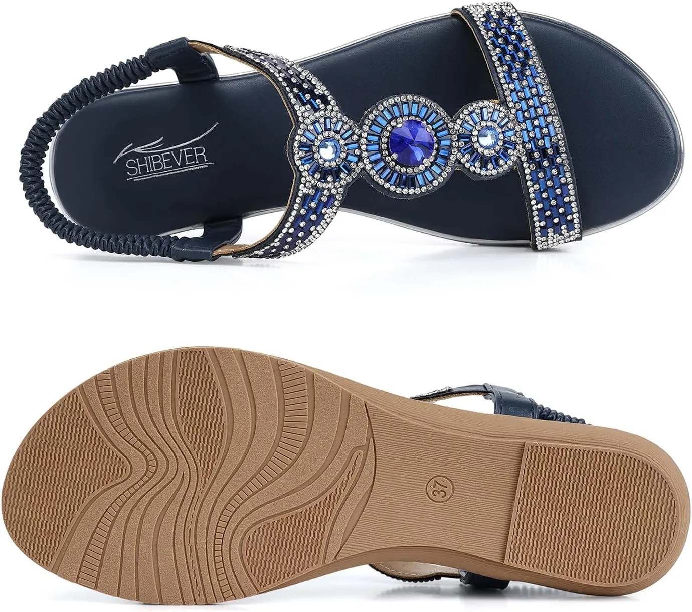 SHIBEVER Sandals Women Dressy Summer: Comfortable Rhinestones Bling Flats Ankle Strap Sandals