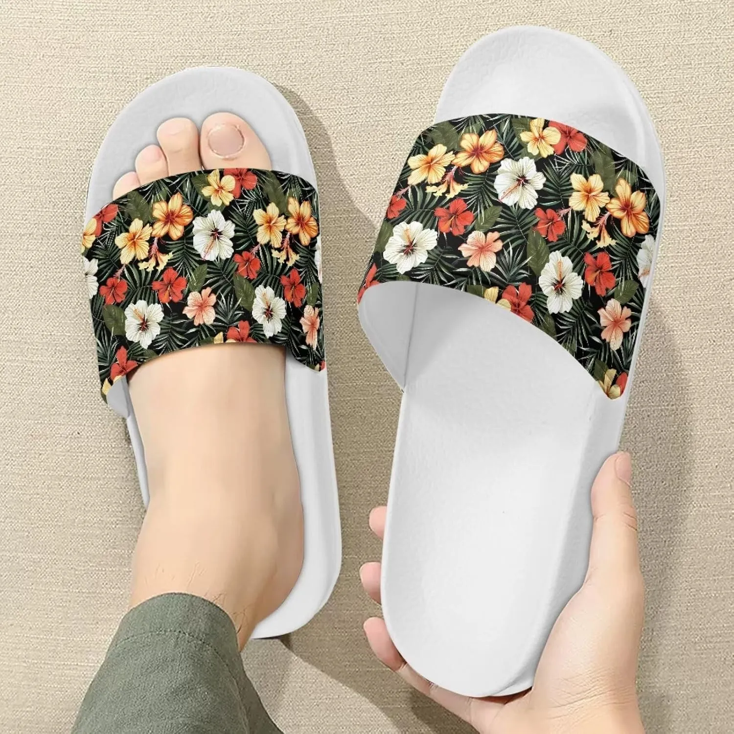 Slide Sandals for Womens Open Toe Non-Slip Shower Shoes Single Band White Sandals Comfy Ultra Cushion Footwear Wide Width Slippers for Spa Bath Pool Gym