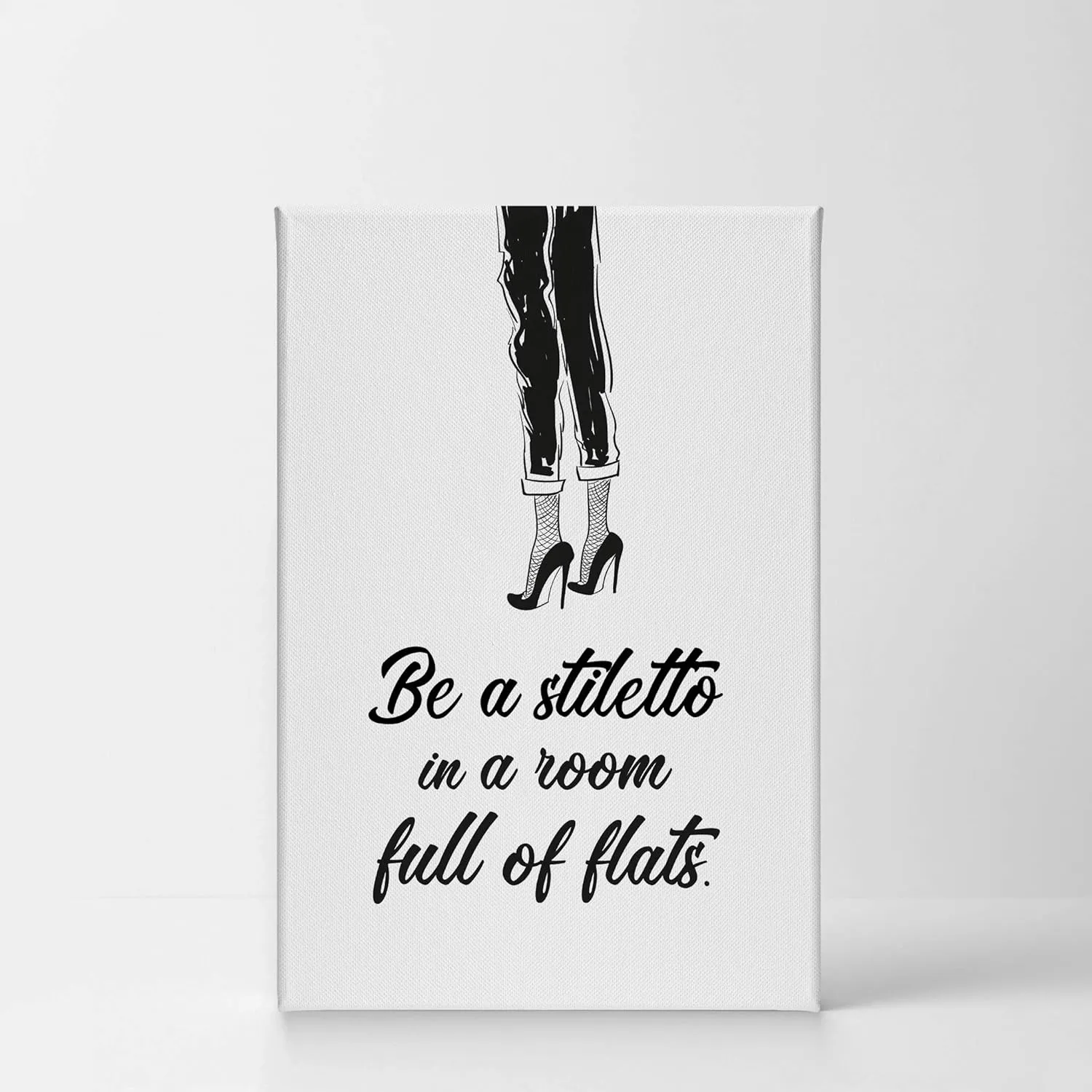 Smile Art Design Be a Stiletto in a Room Full of Flats Black High Heels Sketch Glam Fashion Canvas Print Wall Art Bathroom Girls Room Women Dorm Bedroom Living Room Wall Decor Ready to Hang 17x11