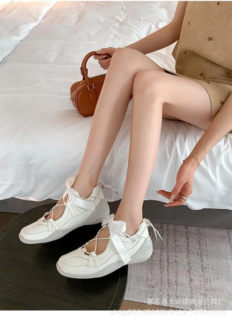 Sneakerina Ballet Sneaker Shoes Bow Tennis & Racquet Sport Flats Women Girls - Kawaii Cute Casual Comfortable Walking Lightweight Running Soft Y2K Retro Non Slip Elegant Athleisure Trending Fashion