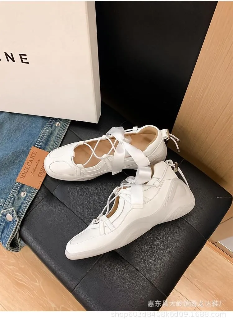 Sneakerina Ballet Sneaker Shoes Bow Tennis & Racquet Sport Flats Women Girls - Kawaii Cute Casual Comfortable Walking Lightweight Running Soft Y2K Retro Non Slip Elegant Athleisure Trending Fashion