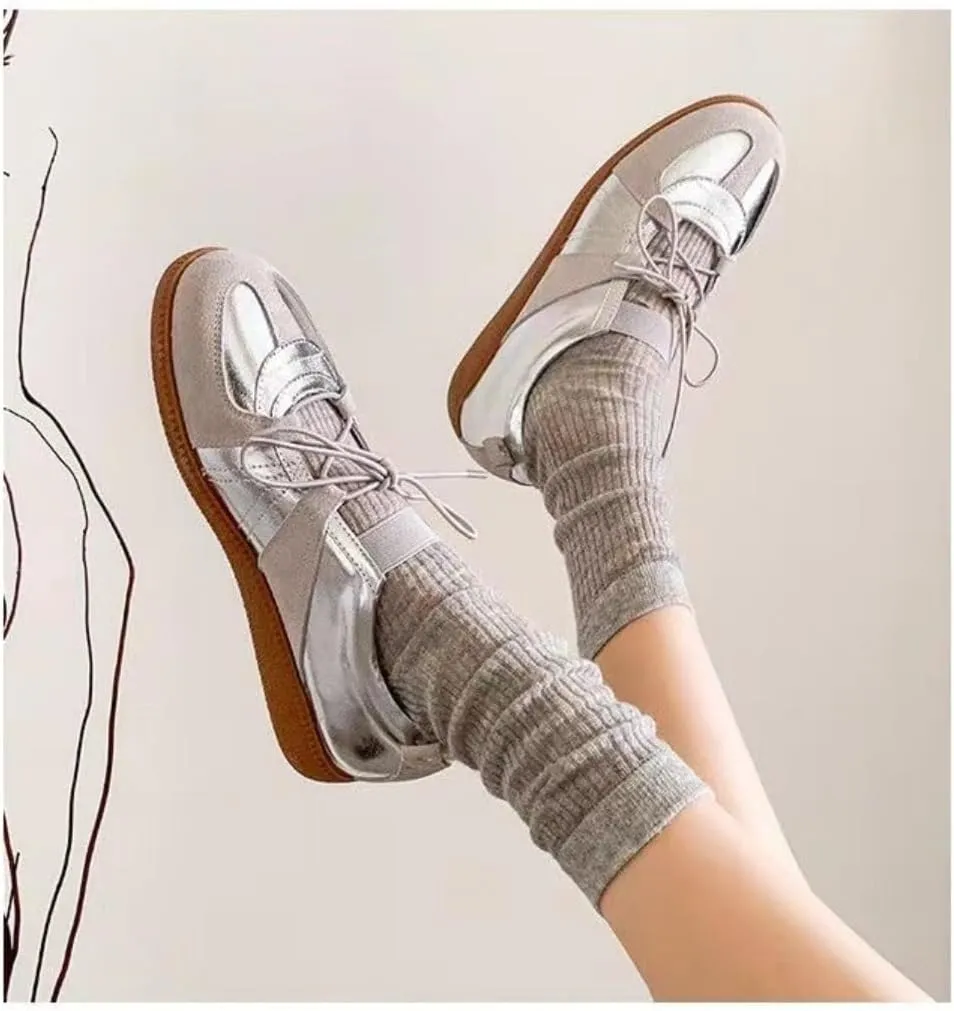 Sneakerina Cute Ballet Sneakers for Women Lace Up Mary Janes Flat Breathable Leather No Slip Chunky Sole Round Toes Lightweight Dress Shoes Slip on Y2K Preppy Back to School Gifts for Girls Teens