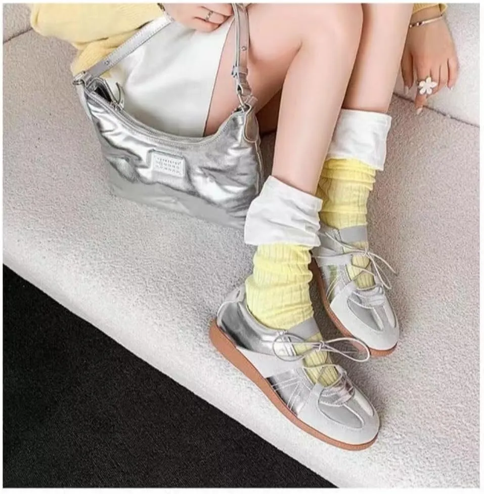 Sneakerina Cute Ballet Sneakers for Women Lace Up Mary Janes Flat Breathable Leather No Slip Chunky Sole Round Toes Lightweight Dress Shoes Slip on Y2K Preppy Back to School Gifts for Girls Teens