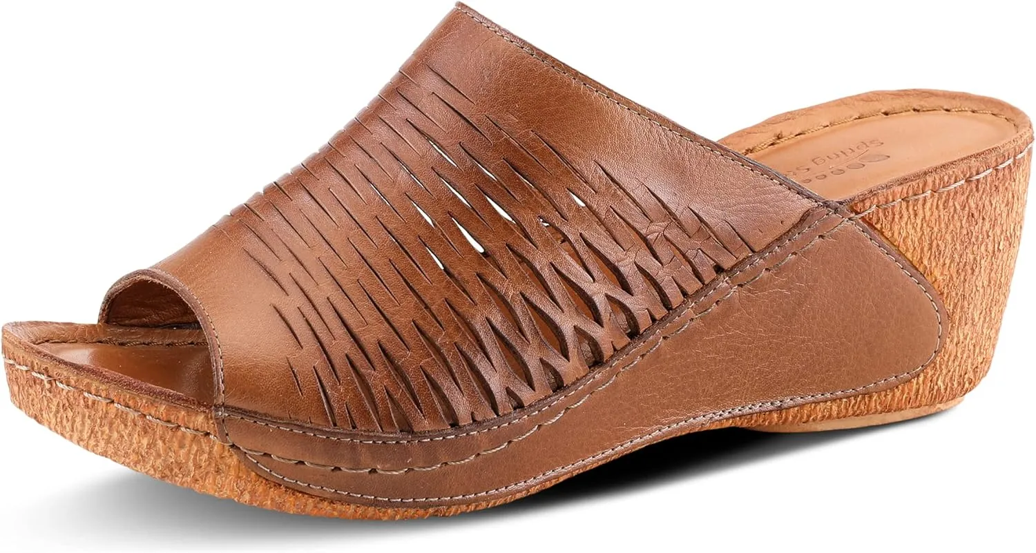 Spring Step Cunacena Women's Leather Slip On Wedge Sandal | Low Heel Sandals for Women with Die Cut Lattice, Stretch Upper, Breathable Lining