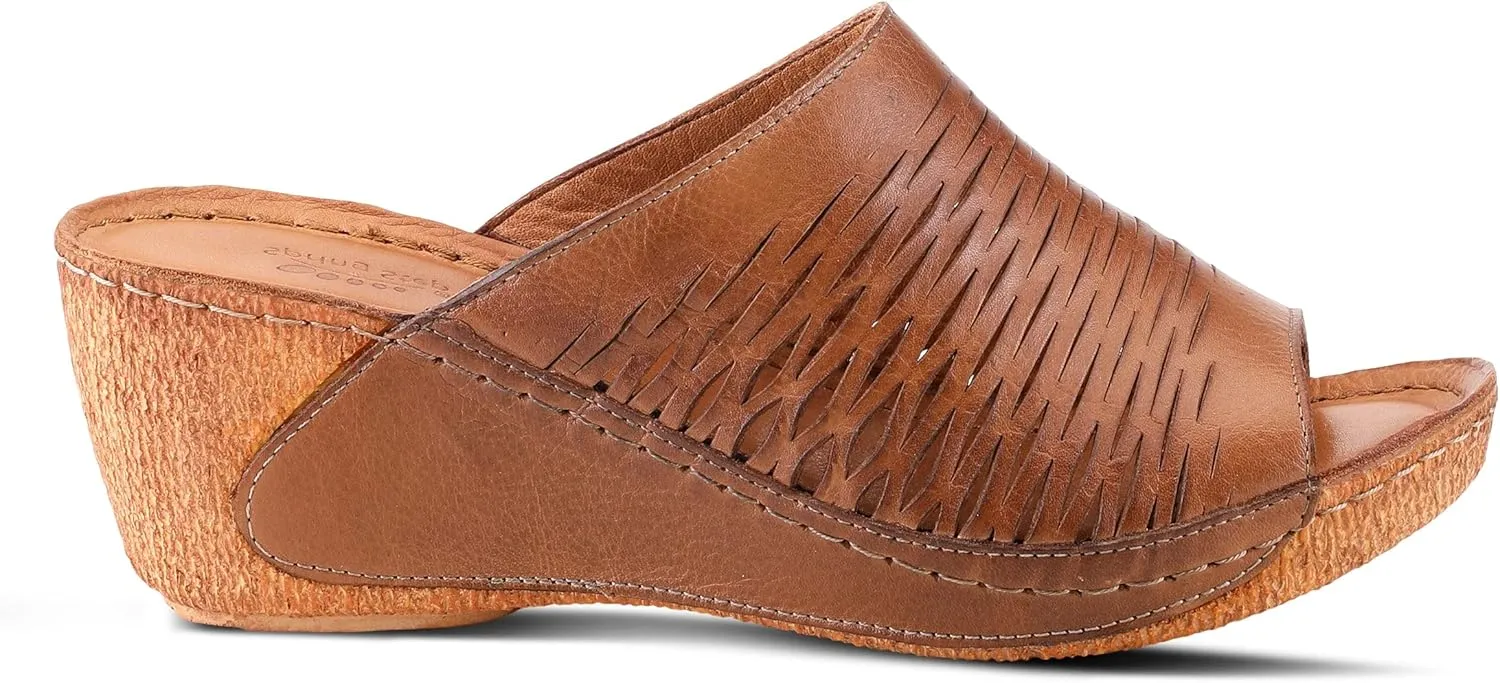 Spring Step Cunacena Women's Leather Slip On Wedge Sandal | Low Heel Sandals for Women with Die Cut Lattice, Stretch Upper, Breathable Lining