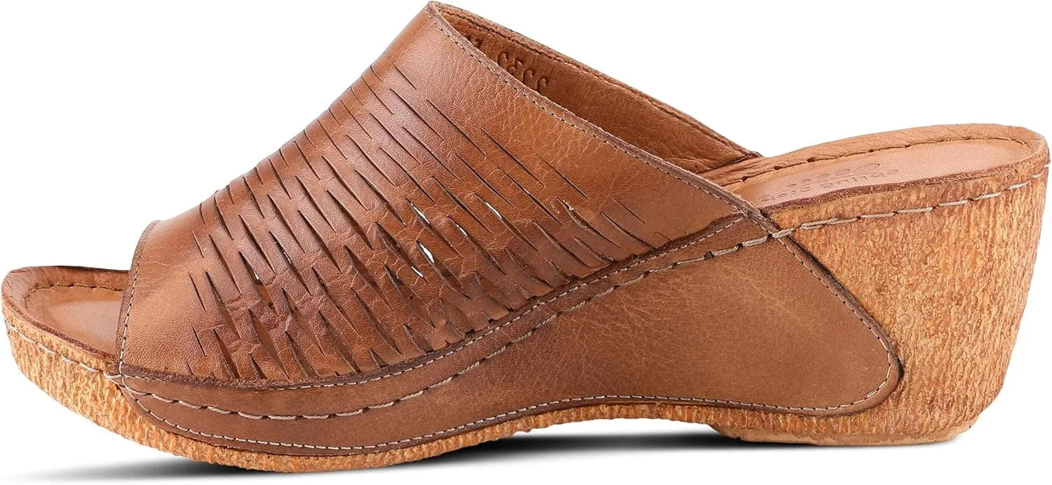 Spring Step Cunacena Women's Leather Slip On Wedge Sandal | Low Heel Sandals for Women with Die Cut Lattice, Stretch Upper, Breathable Lining