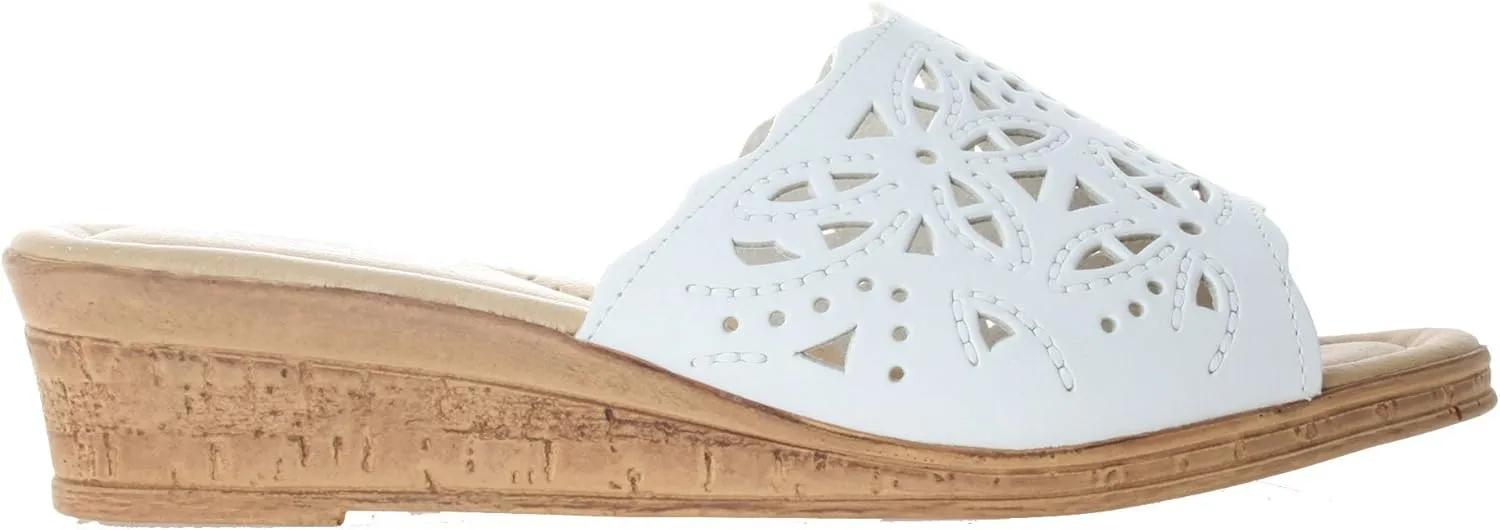 Spring Step Estella Women's Fashion Wedge Slide Sandals – Casual Leather Heel with Geometric Laser-Cut Detailing
