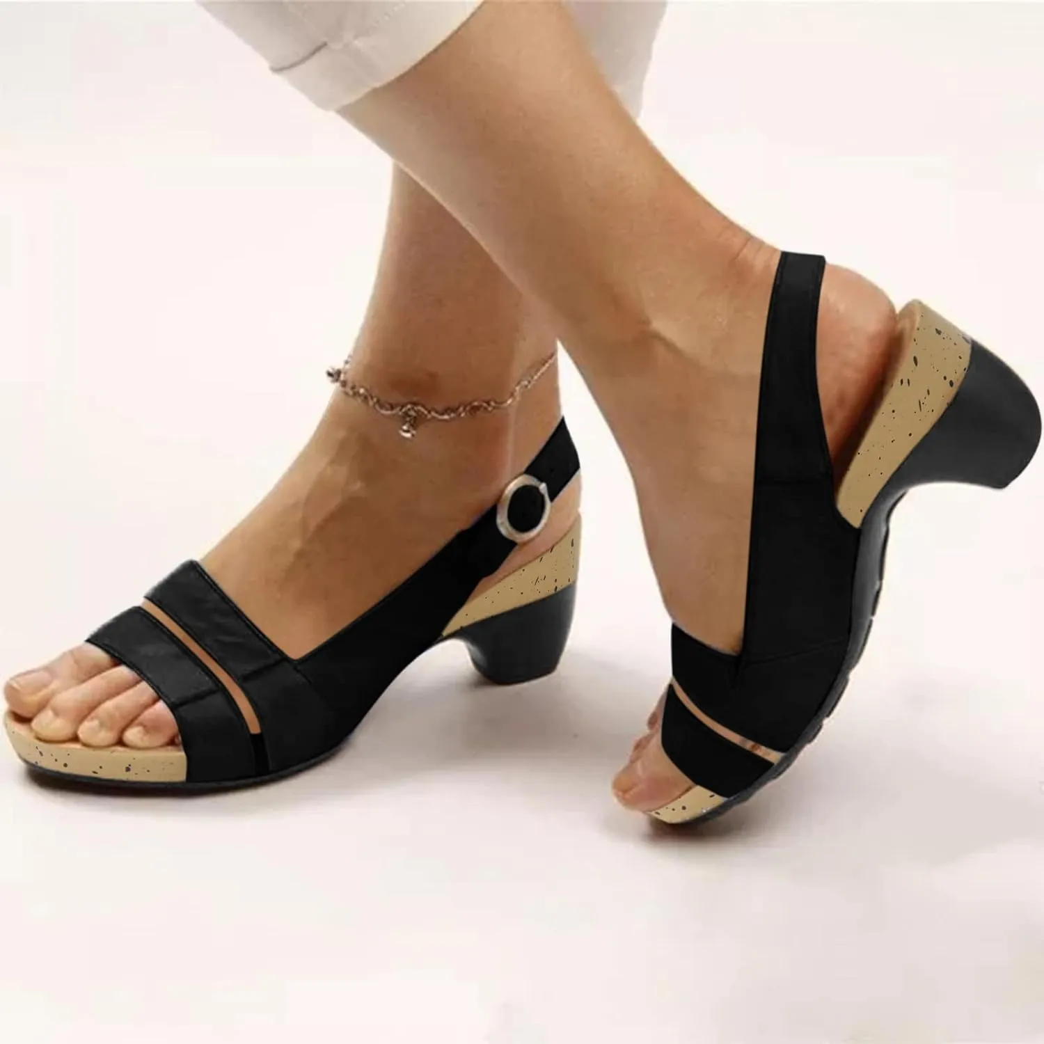 Summer High Heel Sandals Vintage Classic Breathable Lightweight Waterproof Sandal Comfortable Open Toe Non-slip Chunky Heel With Buckle Shoes Wedding Vocation Walking Outdoor Party Shoes